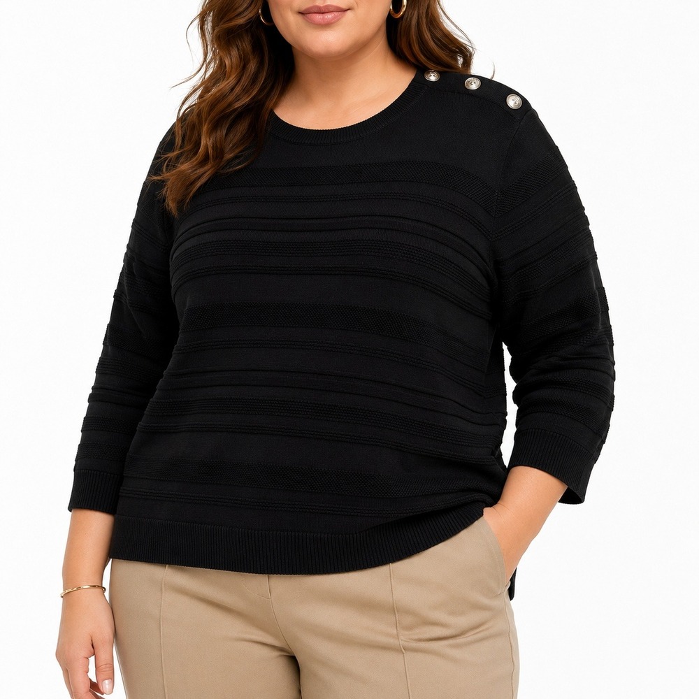 NEW Karen Scott Sweater 2X Black Textured Knit 3/4 Sleeve Shoulder Button Plus